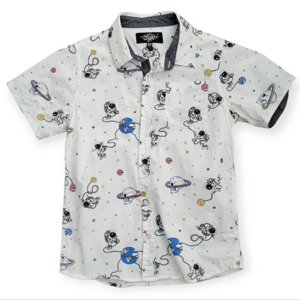 Space Astronaut Themed Graphic Button-Down Camp Shirt